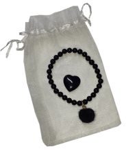 Turmalin Set Stretch-Perlen-Armband, Obsidian Herz-Handschmeichler, Fellkugel Anhänger