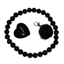 Turmalin Set Stretch-Perlen-Armband, Obsidian Herz-Handschmeichler, Fellkugel Anhänger