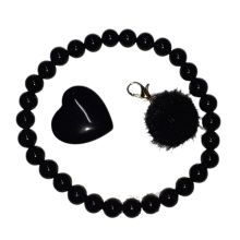 Turmalin Set Stretch-Perlen-Armband, Herz-Handschmeichler, Fellkugel Anhänger
