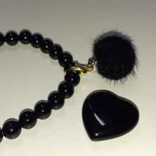 Turmalin Set Stretch-Perlen-Armband, Herz-Handschmeichler, Fellkugel Anhänger