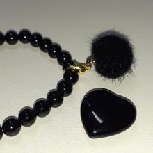 Turmalin Set Stretch-Perlen-Armband, Obsidian Herz-Handschmeichler, Fellkugel Anhänger