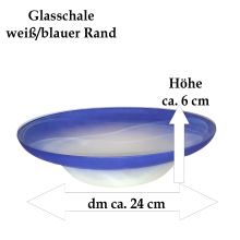 Glasschale weiß mit blauem Rand,  ca.24 cm Durchmesser, Brunnenschale klein