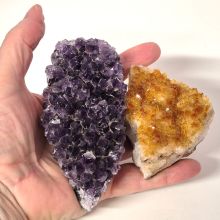 Citrin und Amethyst Drusenstücke im Set je einmal, zur Dekoration, als Geschenk, zum sammeln, N392