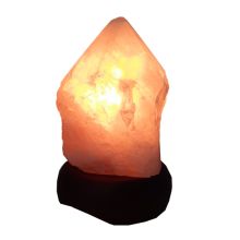 Rosenquarz Lampe mit polierter Spitze, Edelsteinlampe Hellrosa, Holzsockel dunkel, Innenbeleuchtung