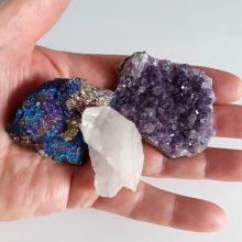 Amethyst, Bergkristall, Buntkupfer Natur belassene Dekosteine im Set zum verschenken, für Sammler, N127