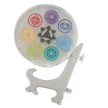 Selenit Chakra Scheibe mit Gravuren Buddha, Lotussymbolen, mit Gratis Ständer, Ladeplatte