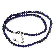 Lapislazuli Halskette mit facettierten Perlen, Edelstein Halsschmuck blaue Lapis Steinkette, Silber Verschluss mit Verlängerung