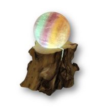 Regenbogen-Fluorit Steinkugel, Kugel beleuchtet auf LED Holzstamm-Sockel, Echte Fluorit Kugel edel poliert, N230