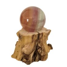 Regenbogen-Fluorit Steinkugel, Kugel beleuchtet auf LED Holzstamm-Sockel, Echte Fluorit Kugel edel poliert, N230