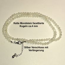 Mondstein weiss Halsschmuck, Steinschmuck Kette facettierte Kugel, Silber Verschluss