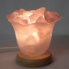 rosa Quarz Edelsteinlampe Blütenzauber, Rosenquarz Rohsteine beleuchtet in Glasschale,  Leuchtschale