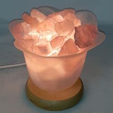 rosa Quarz Edelsteinlampe Blütenzauber, Rosenquarz Rohsteine beleuchtet in Glasschale,  Leuchtschale