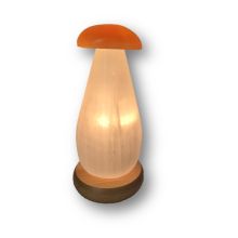 Selenit Steinlampe Pilz, weiß-oranger Selenit Naturstein Leuchte, Pilzlampe mit Holzsockel