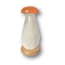 Selenit Steinlampe Pilz, weiß-oranger Selenit Naturstein Leuchte, Pilzlampe mit Holzsockel