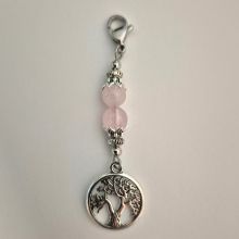 Handgefertigter Schlüsselanhänger Lebensbaum, Taschenanzubehör mit Rosenquarz und Karabiner