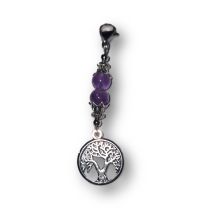 Handgefertigter Schlüsselanhänger Lebensbaum, Taschenanzubehör mit Amethyst und Karabiner