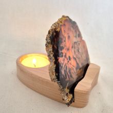 Achat Scheibe mit Holz-Teelichthalter, Halterung/Ständer zum aufstellen und beleuchten mit einer Teelicht Kerze, N88