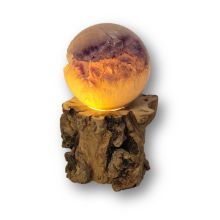 Amethyst Steinkugel, Edelsteikugel beleuchtet auf LED-warmlicht Holzstamm-Sockel, N383