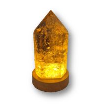 Rauchquarz Spitze mit LED-warmlicht Holzsockel, Echter unbehandelter rauchiger Quarz, große Edelsteinspitze beleuchtet, N764