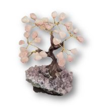 Edelsteinbaum klein, Rosenquarz-Steinbaum auf Amethyst Base, Edelstein-Bäumchen ca. 12-13 cm
