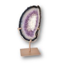 Exklusive Achat­scheibe mit Amethyst – inkl. stabilem, goldfarbenem Metallständer, N816