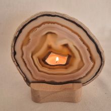 Achat Scheibe mit Holz-Teelichthalter | Halterung/Ständer zum aufstellen und beleuchten mit einer Teelicht Kerze | N11-143