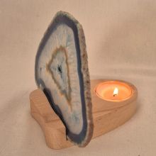 Achat-Scheibe blau mit Holz-Teelichthalter zur Aufnahme einer Kerze zur Beleuchtung der Achatscheibe B11-146