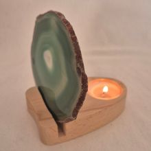 Achatscheiben Beleuchtung mit Holz Kerzenhalter, Achat Scheibe Grün mit einem Kerzen Teelichthalter, G11-146