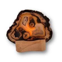 Achat Scheibe mit Holz-Teelichthalter, Halterung zum aufstellen und beleuchten mit einer Teelicht Kerze N26-1-84