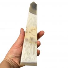 Obelisk aus Achat Edelstein, großes Standobjekt aus grau gemasertem Achat Kristall Reiki Stein